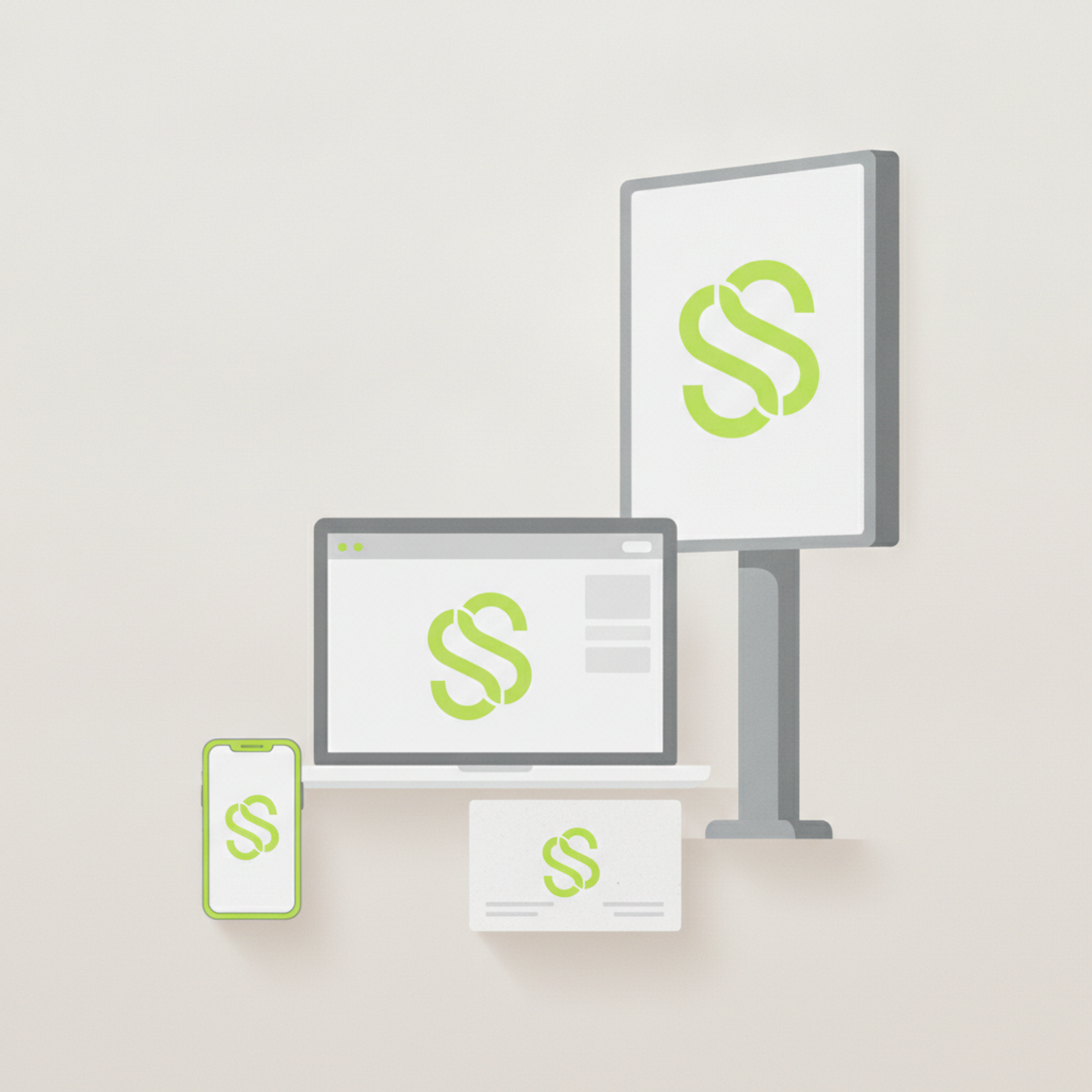 Abstract illustration showing various digital and physical items, like a small phone icon, a laptop screen, a business card, and a large billboard, all featuring a simple, clear, and recognizable abstract logo symbol, emphasizing consistent brand presence across different scales.