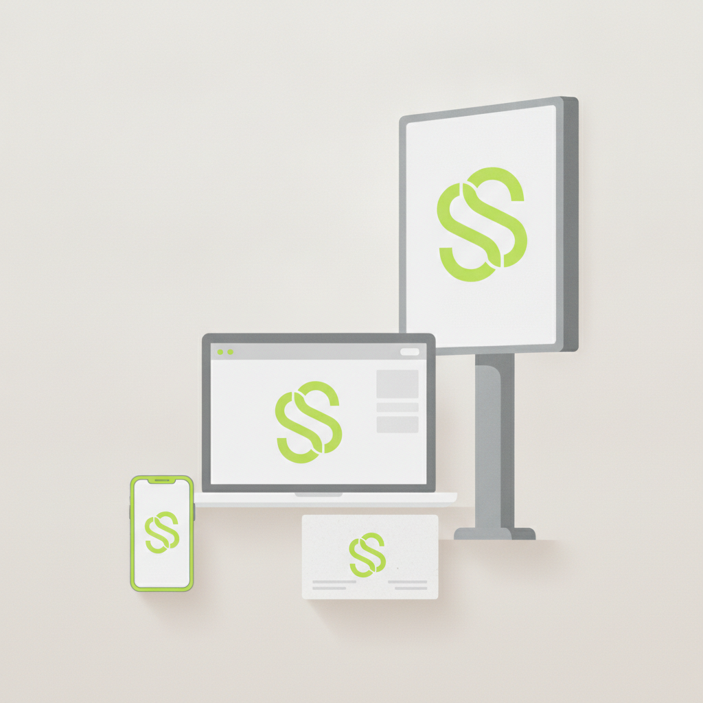Abstract illustration showing various digital and physical items, like a small phone icon, a laptop screen, a business card, and a large billboard, all featuring a simple, clear, and recognizable abstract logo symbol, emphasizing consistent brand presence across different scales.