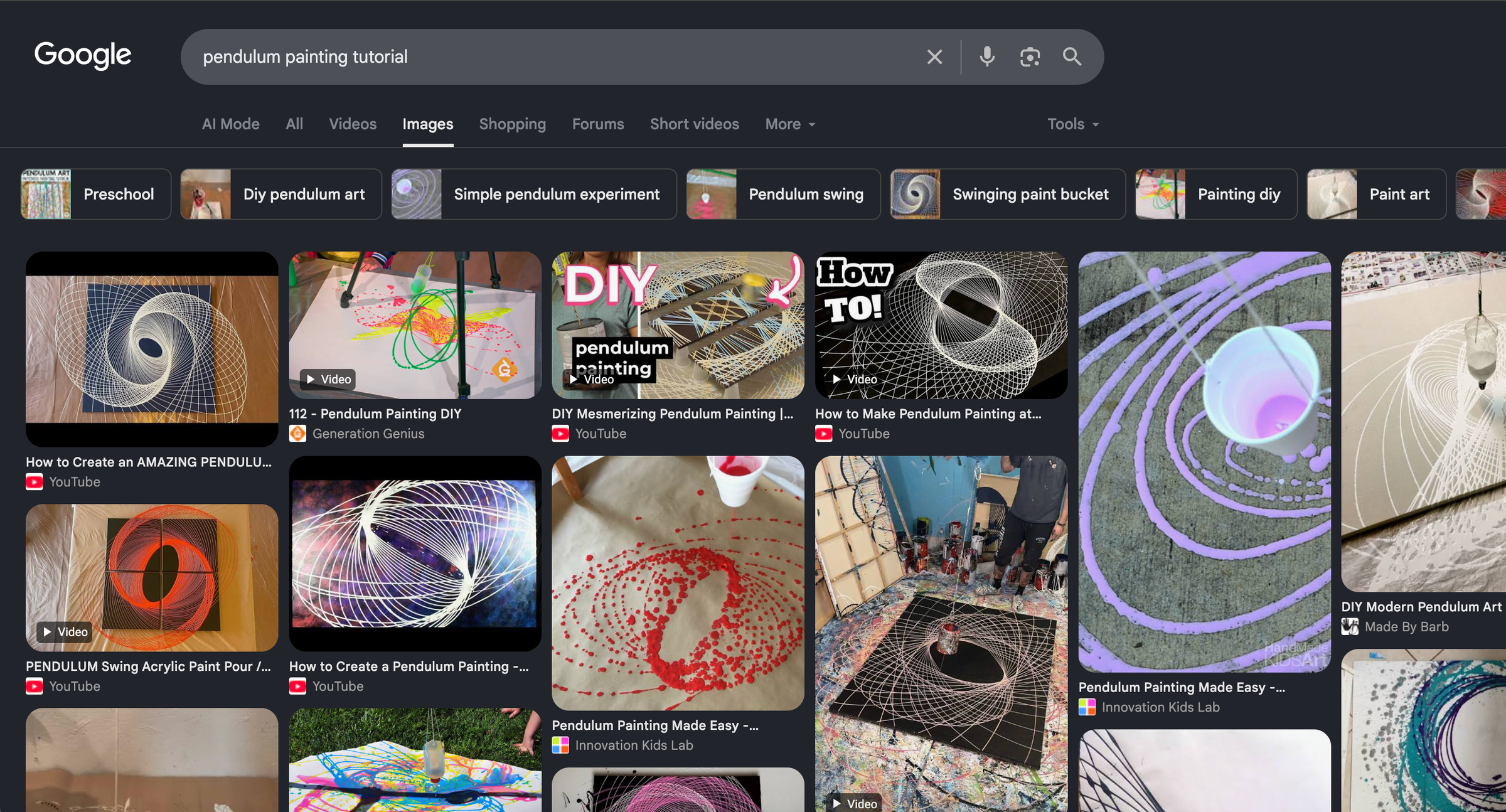 A Google Images results page for "pendulum painting tutorial", filled with rows of near-identical spiral canvases and DIY video thumbnails.