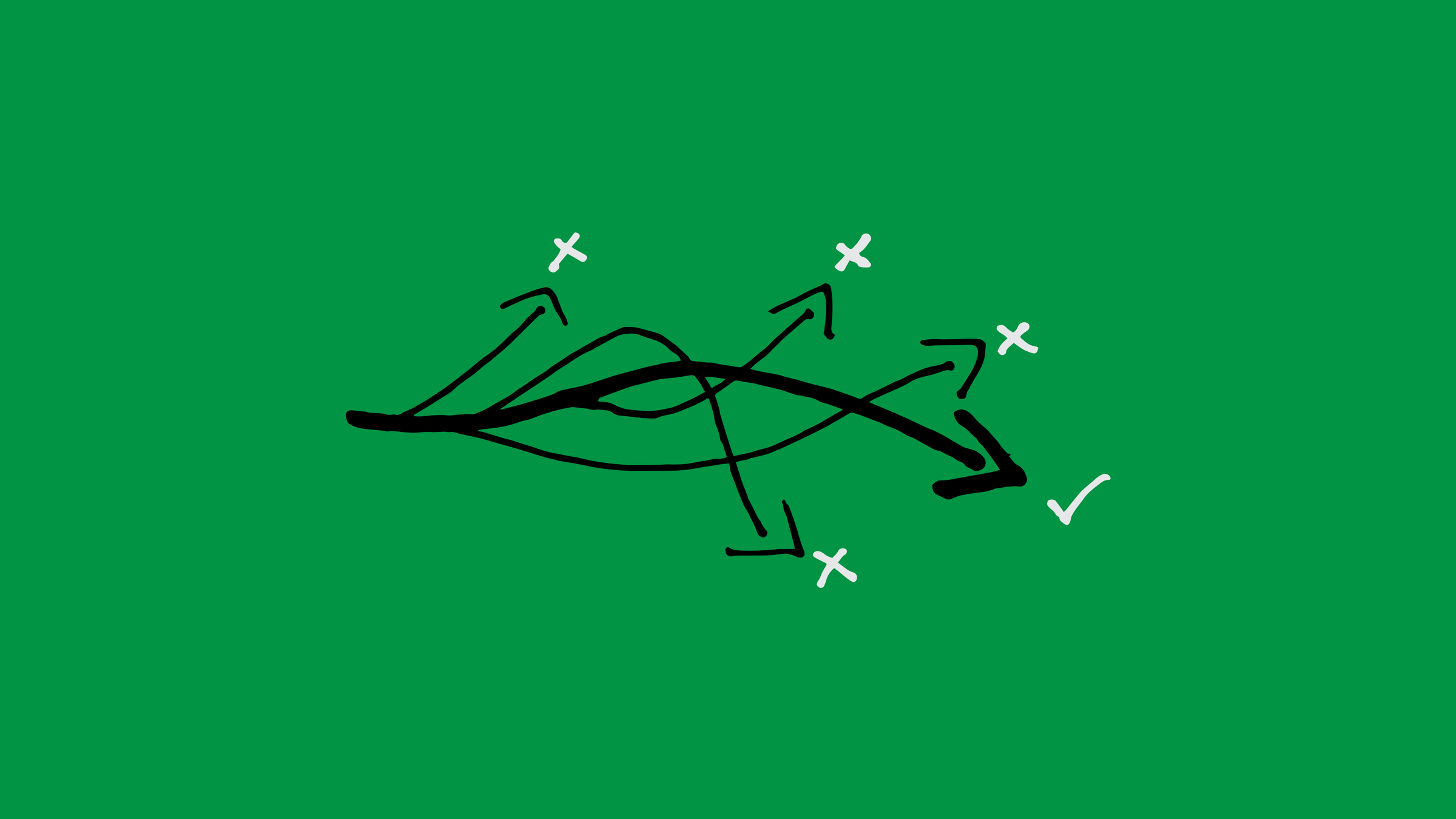 Several hand-drawn paths looping and crossing, most ending in an X, one ending in a check mark, on green.