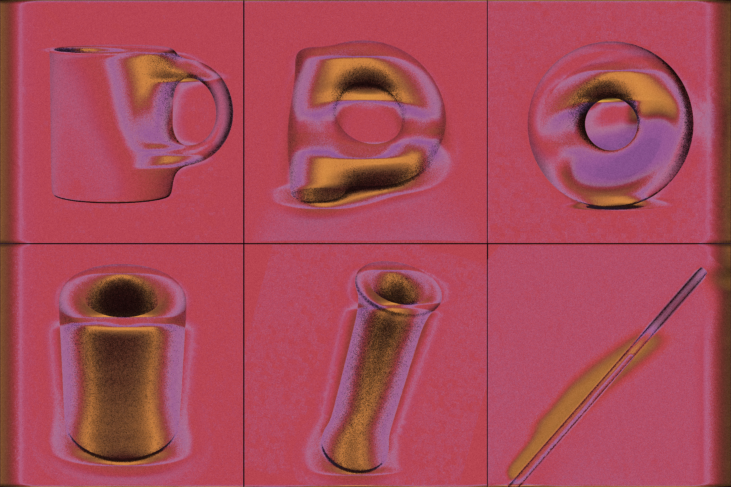Six panels showing a coffee mug deformed step by step into a drinking straw: the mug squashes, its handle-hole widens into a torus, the torus opens into a short cylinder, the cylinder stretches, and the last panel is a thin straw. The single hole persists through every stage.