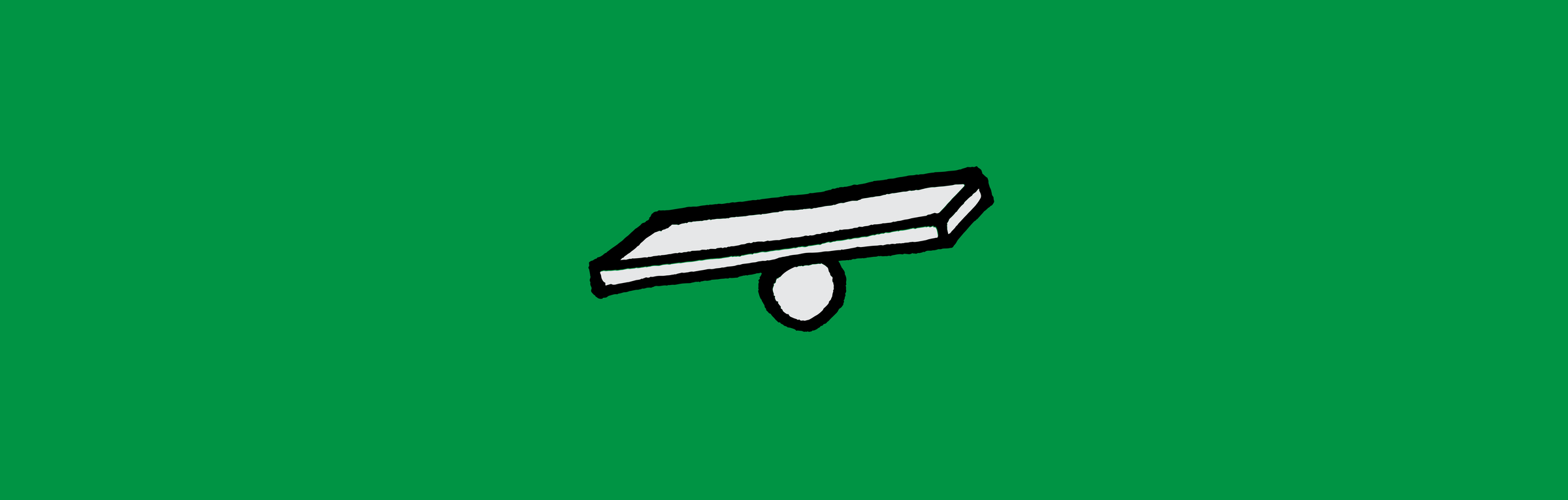 A hand-drawn plank balanced on a small fulcrum, tipping slightly, on green.