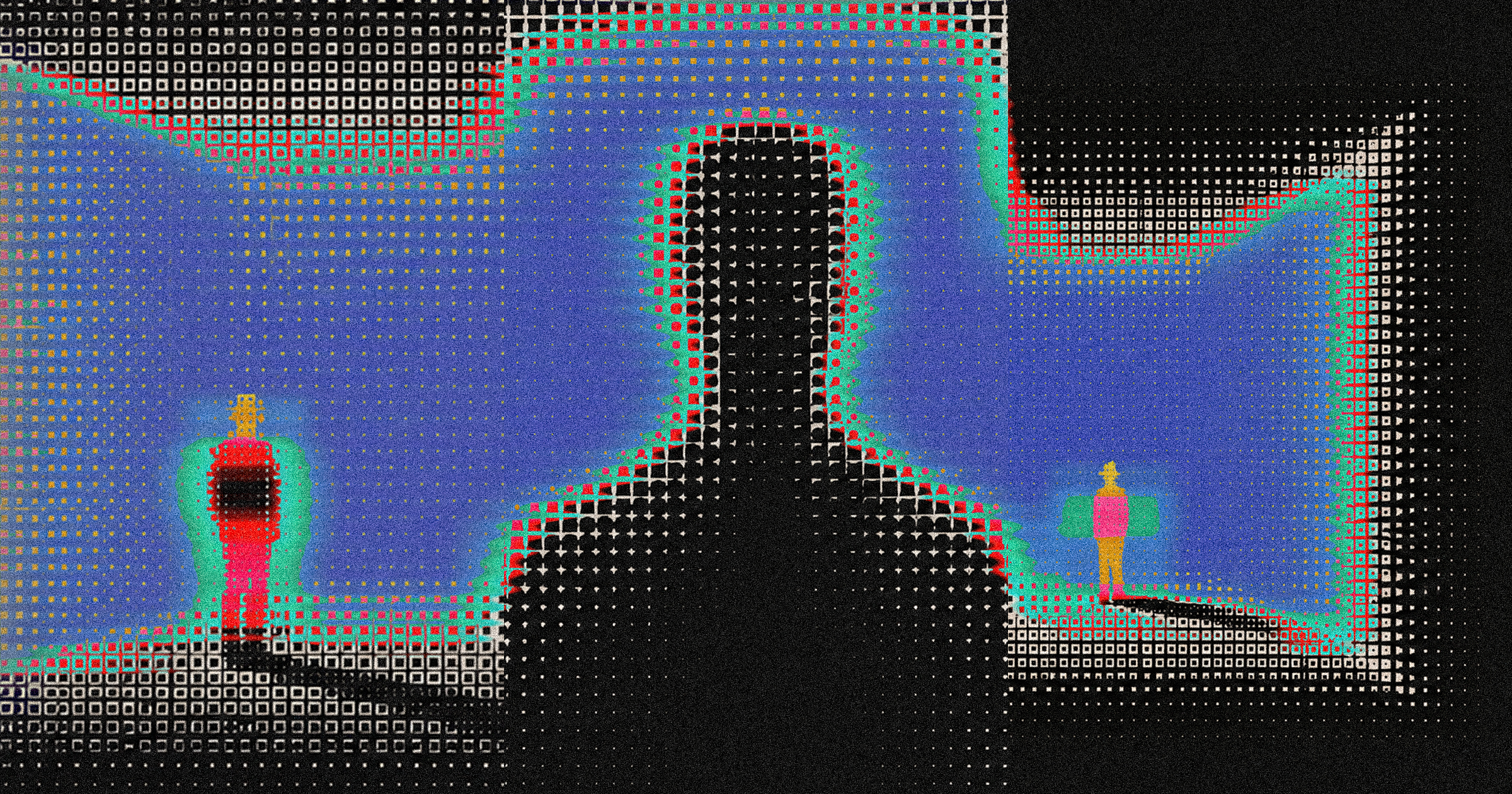 A dithered, halftone-textured scene in blue and black: two small figures stand far apart on stepped ledges, each ringed in red and green fringing, in a space built entirely from dot grids.