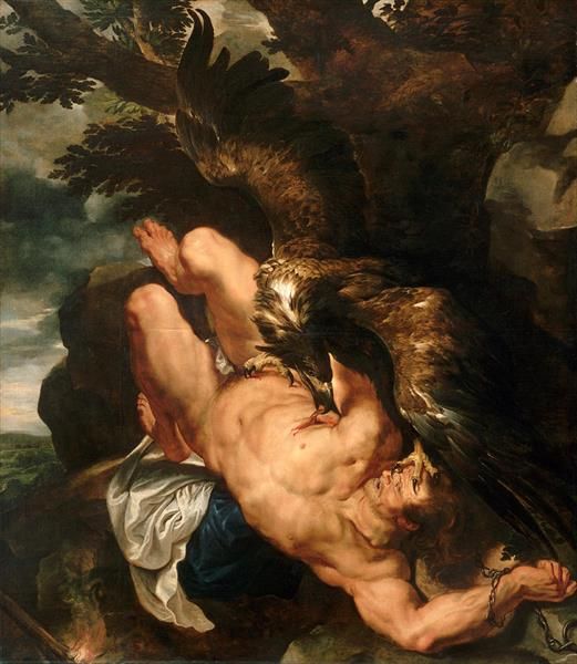 Rubens's Prometheus Bound: Prometheus chained on his back, an eagle with outstretched wings tearing at his liver.