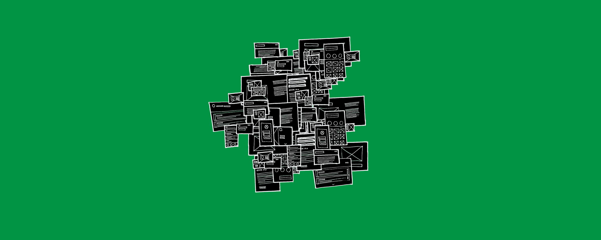 A loose pile of hand-drawn interface screens and wireframes, overlapping at angles, on a flat green ground.