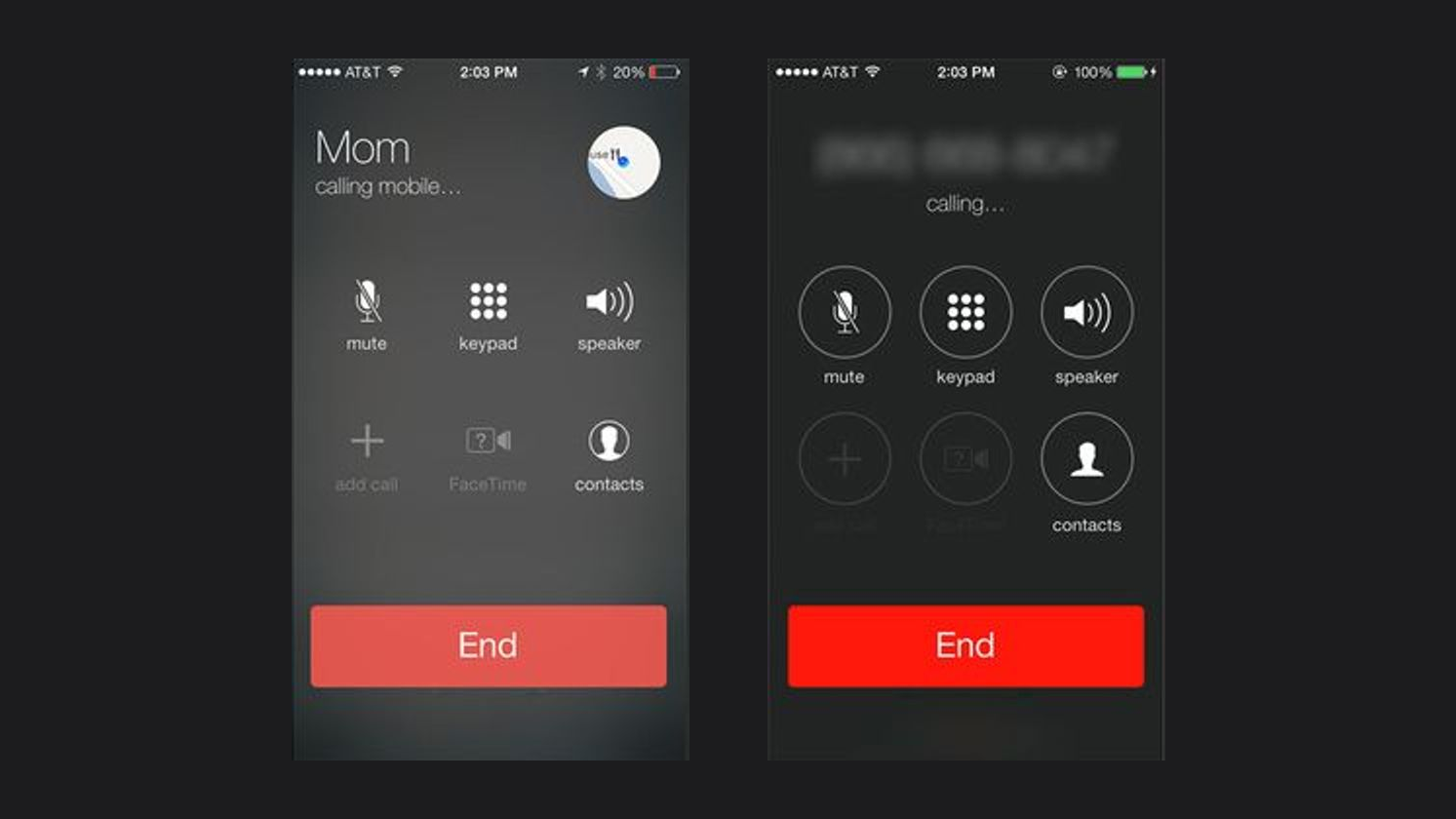 Two iPhone call screens side by side. On the left, iOS 7 beta 4: mute, keypad and speaker as bare icons over a dark blurred background. On the right, beta 5: the same controls now ringed in circle outlines, with a brighter red End bar.