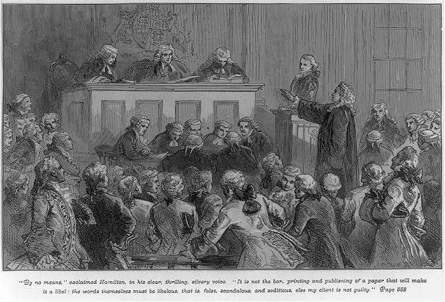 A 19th-century engraving of the 1735 Zenger trial: Andrew Hamilton standing to address three robed judges before a packed courtroom.