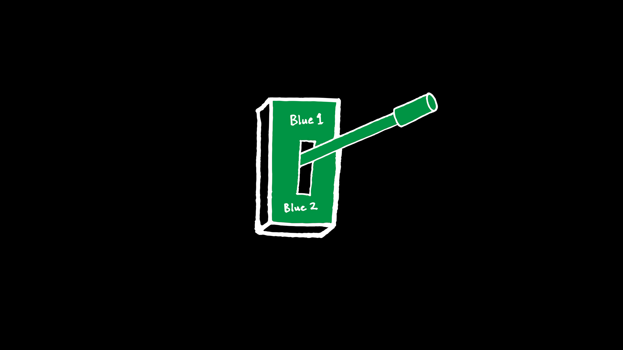 A hand-drawn swatch card labelled "Blue 1" and "Blue 2" with a green pointer resting on it, on black.