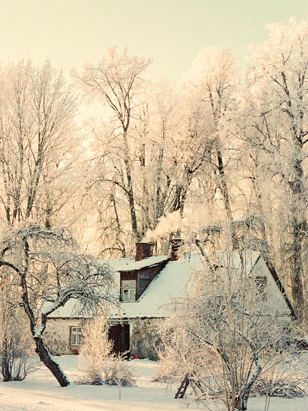 Photo of a house surrounded by trees and snow.