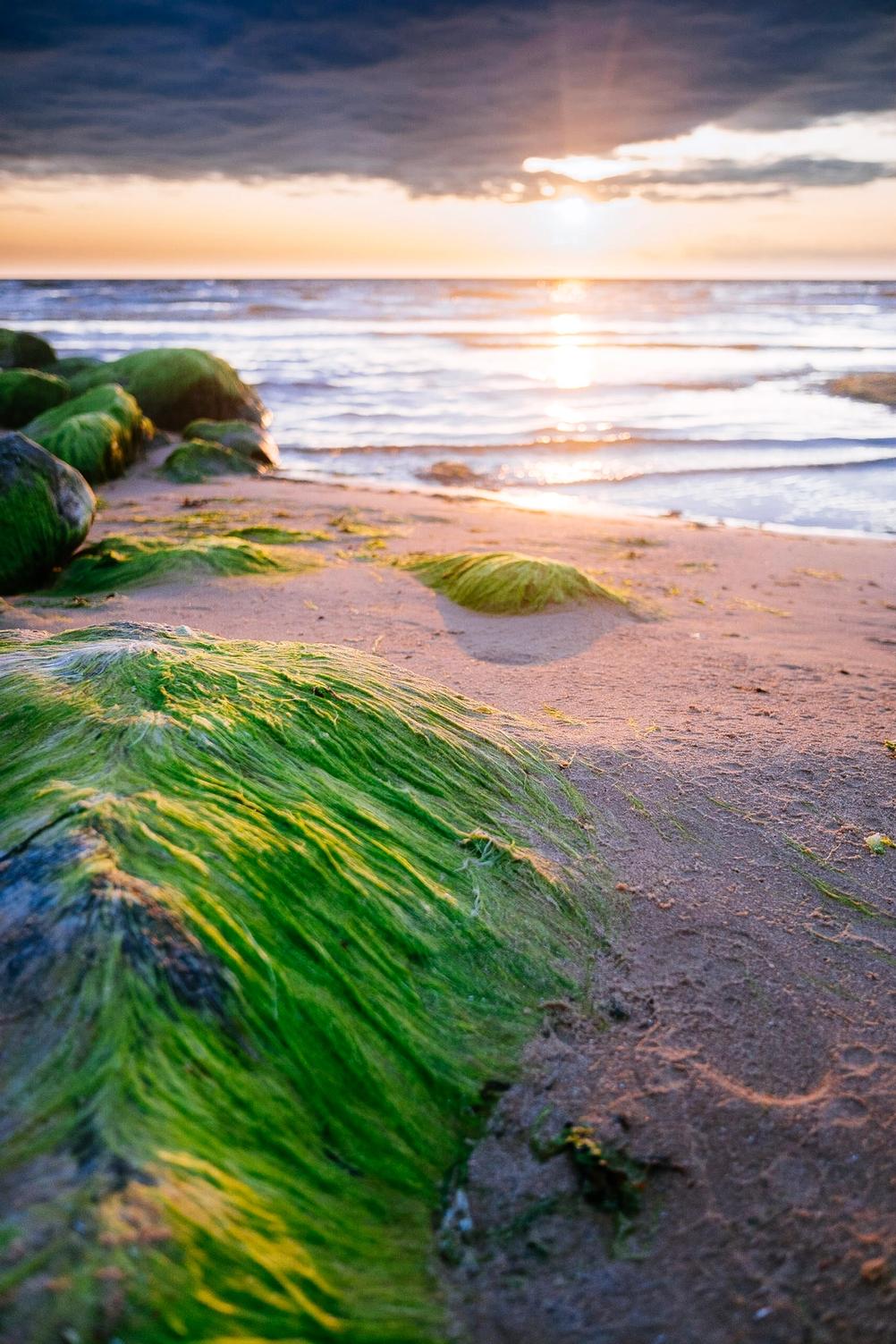 Photo of some rocks in front of sea during sunset.