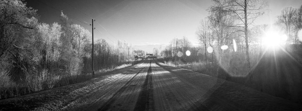 Photo of a wintery road and lens flare.