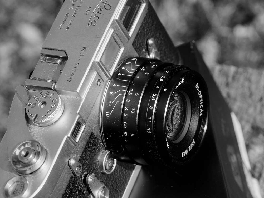 Closeup of a mechanical film camera.