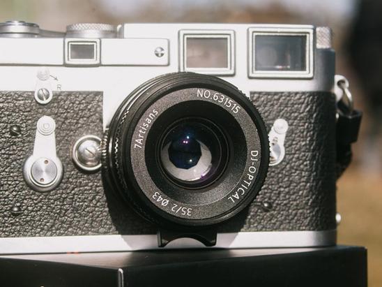 Photo of 7Artisans 35mm f2 lens on a Leica M3 camera.