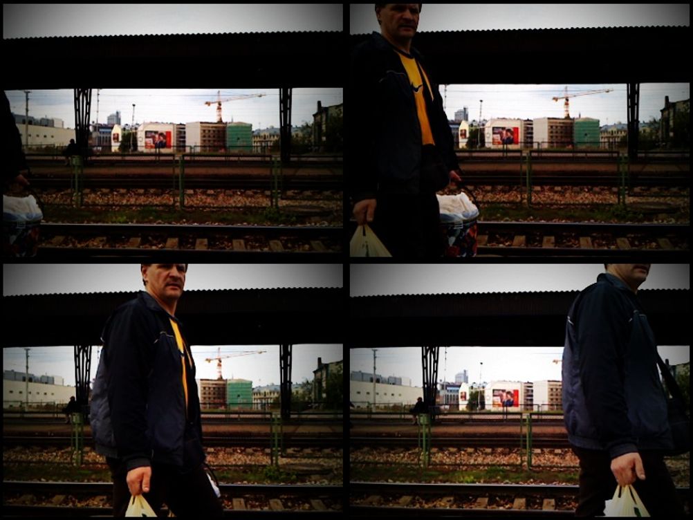 Four photos of a man walking by.