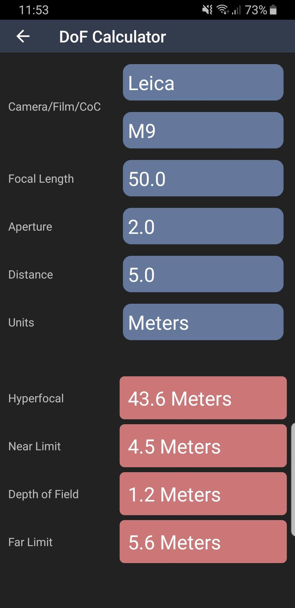 Screenshot of Depth Of Field calculator in "Light Meter" Android app.