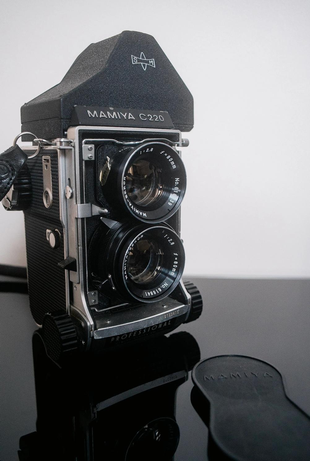 Mamiya C220, Sekor 80mm f2.8 lens and prism viewfinder.