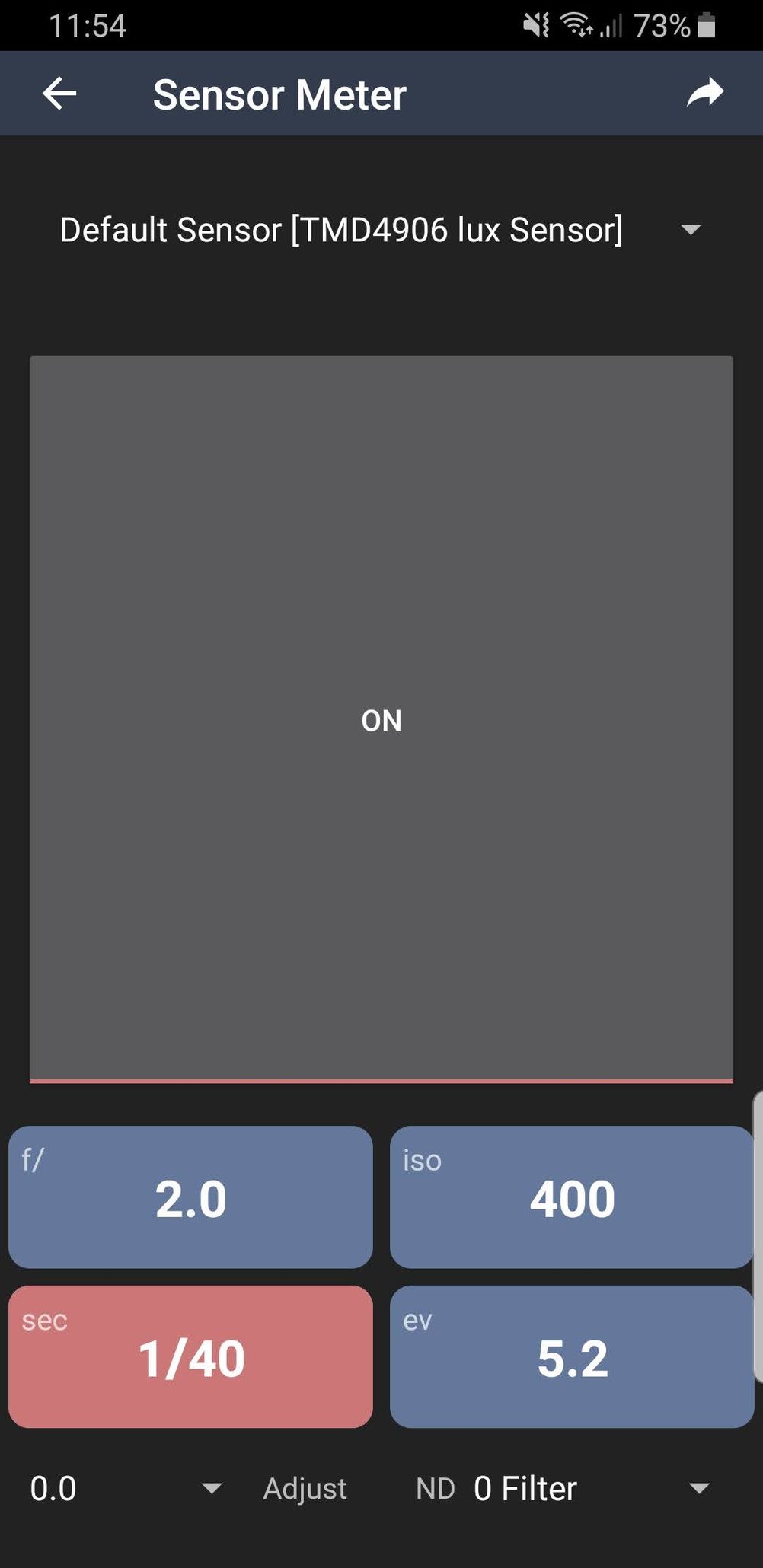 Screenshot of the incident light metering on the "Light Meter" Android app.