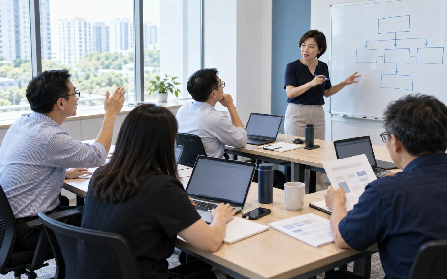 AI-generated illustration of Singaporean adult learners practising with laptops and worksheets while a facilitator explains a workflow.