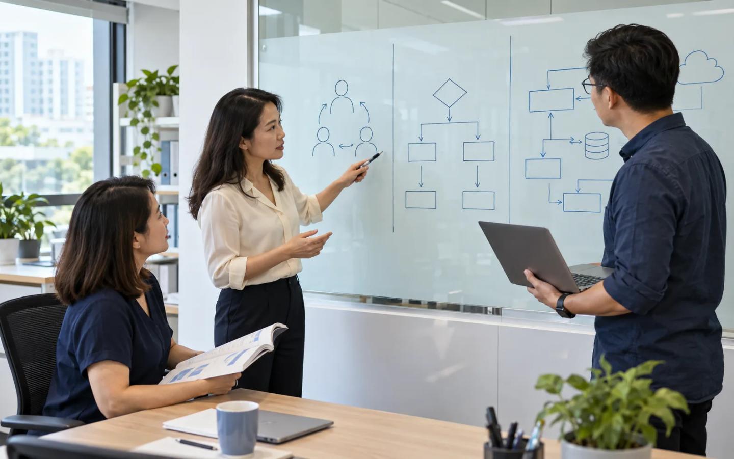 AI-generated illustration of colleagues distinguishing people training, business decisions and system implementation on a planning board.