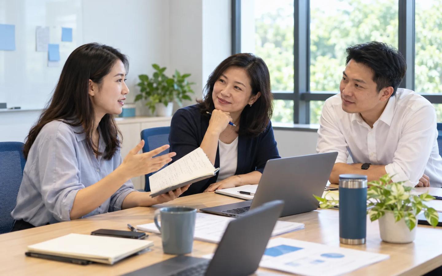 AI-generated illustration of colleagues discussing a notebook during a follow-up learning clinic.