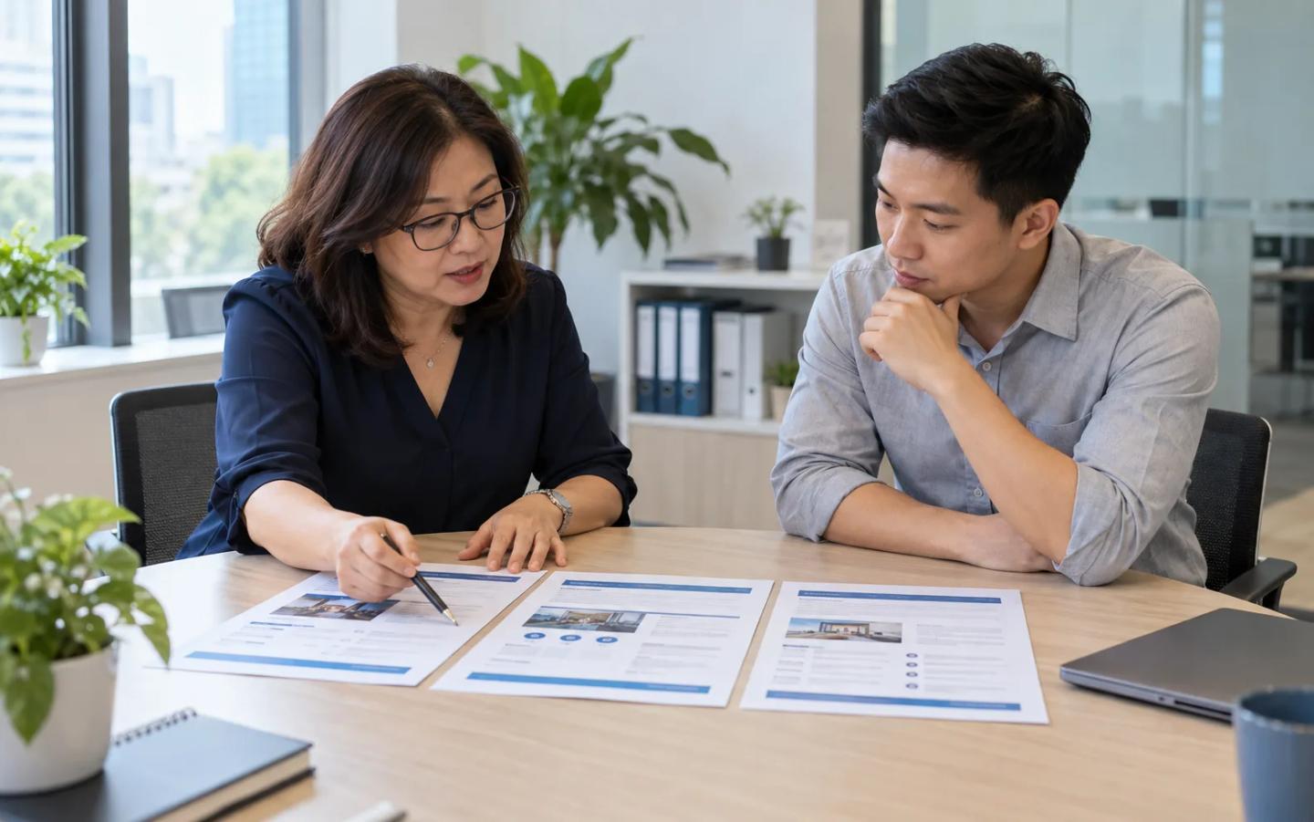 AI-generated illustration of a Singapore SME owner and colleague comparing three AI training proposals.