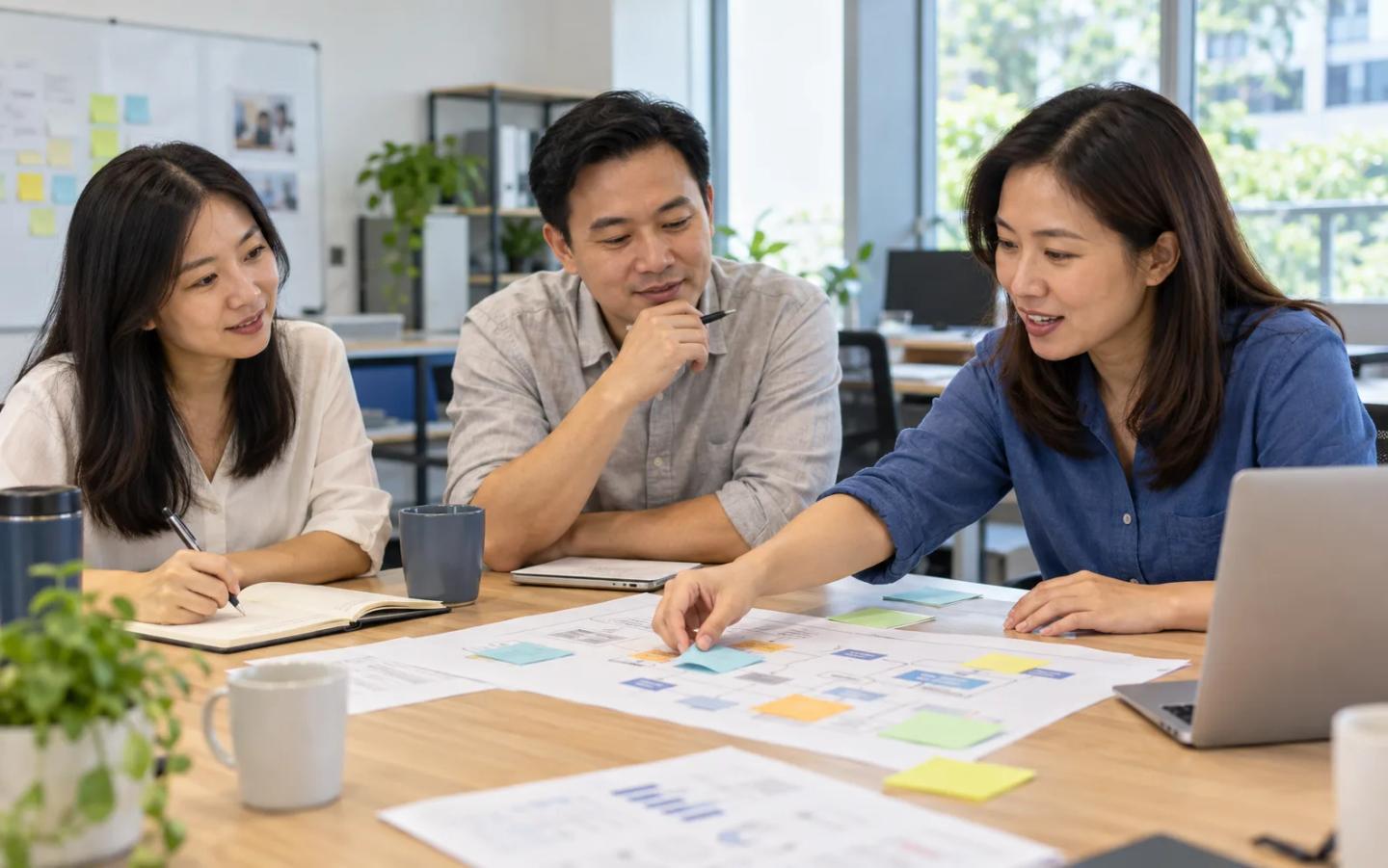 AI-generated illustration of Singaporean colleagues choosing a first AI use case with a workflow sheet.