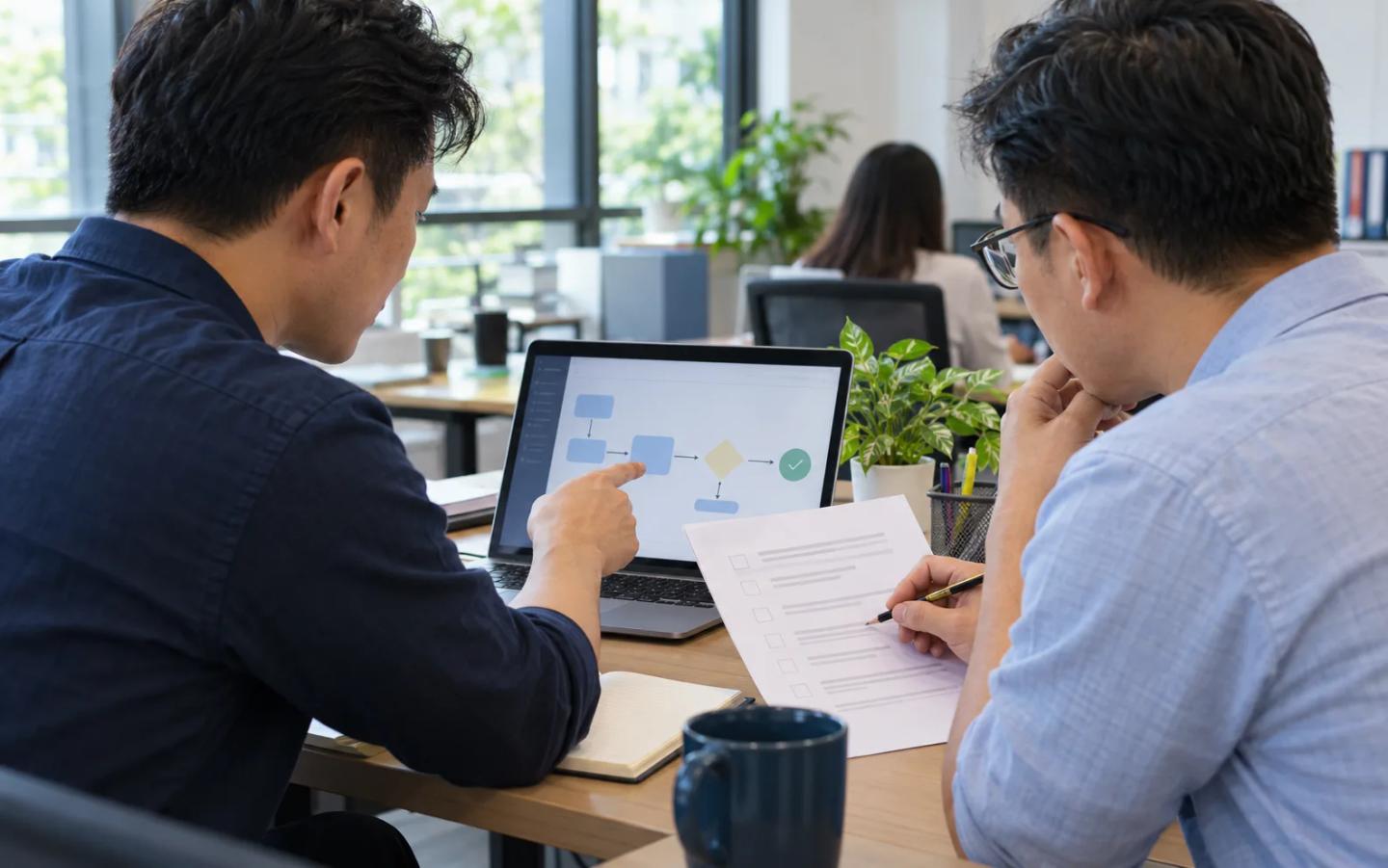 AI-generated illustration of an operations team reviewing a workflow and its human approval checklist.