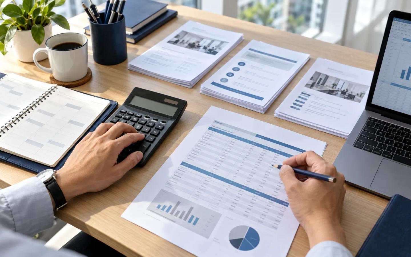 AI-generated illustration of training budget planning with an itemised worksheet, calculator, planner and proposals.