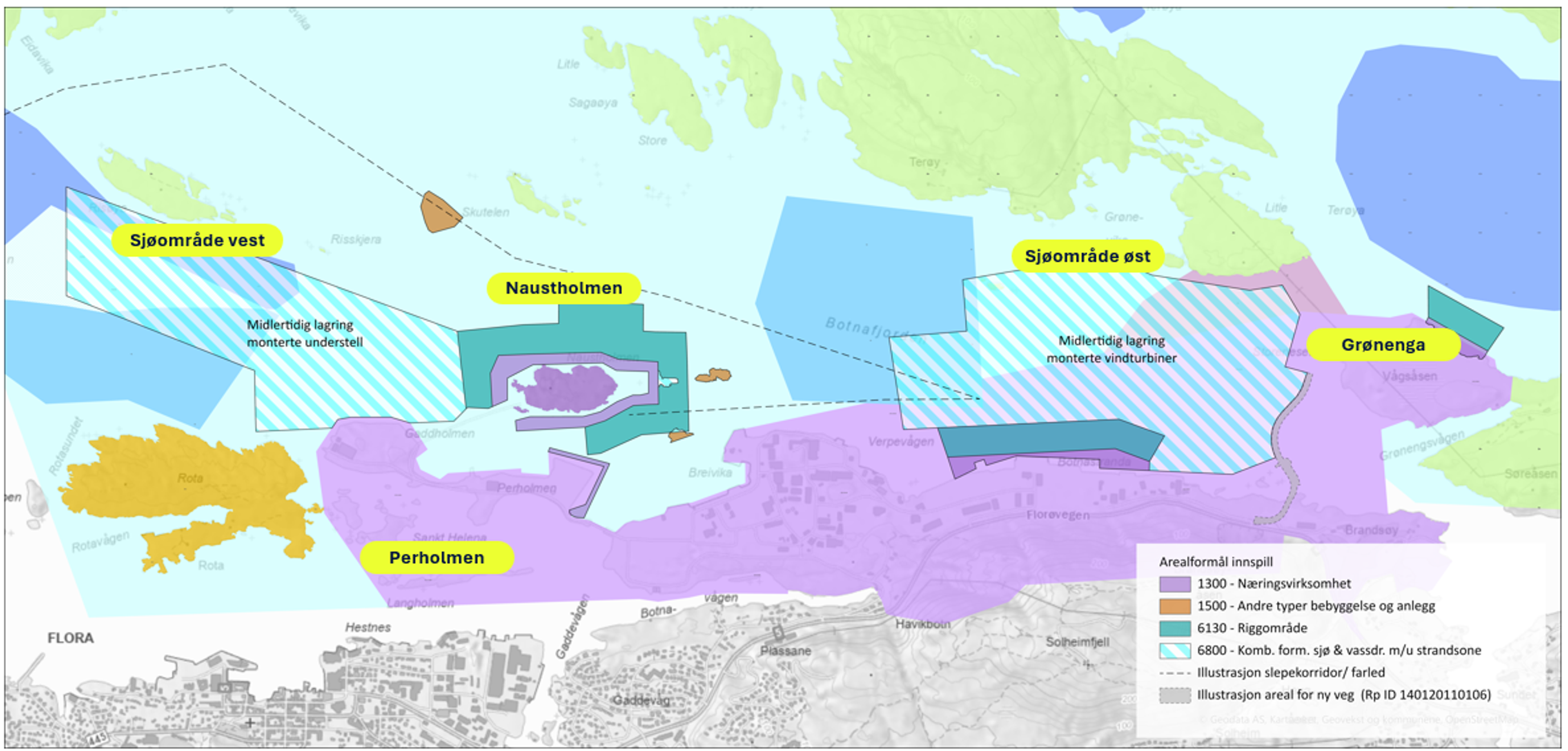 Illustrasjonen viser Fjord Base Gruppen sine innspill til areaplanen. Illustrasjon Multiconsult.