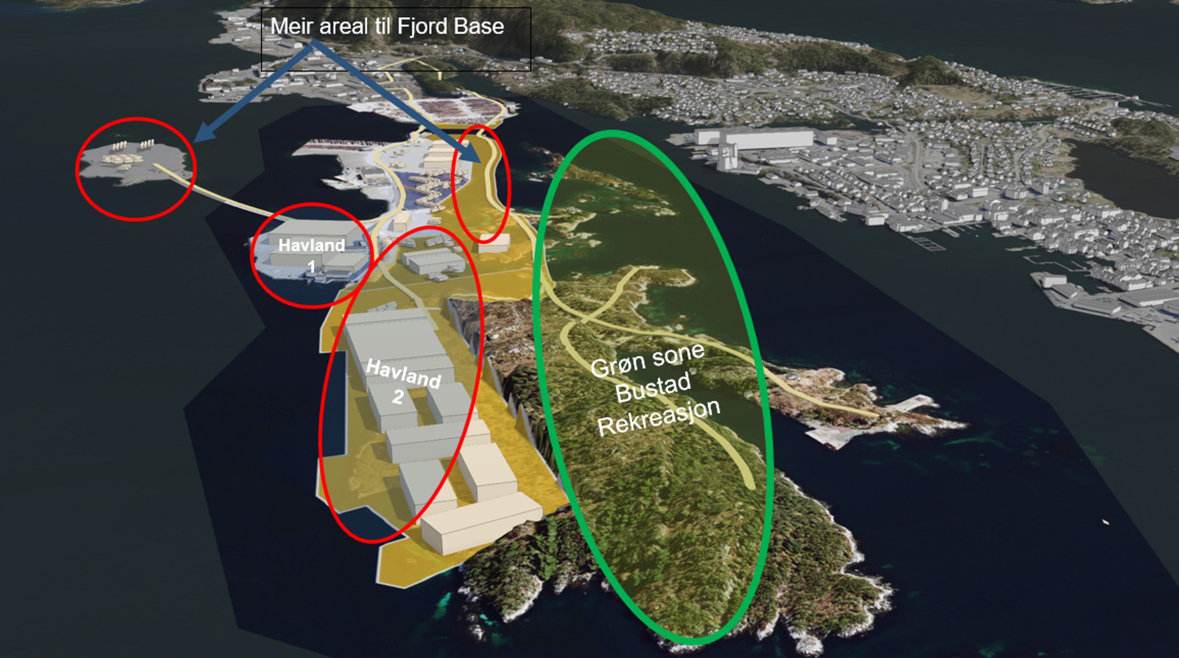 Bildet viser hvordan Havland tenker å utvikle Rota og hvordan dette vil gi gode synergieffekter med utvidelse av nytt areal sør om Perholmen. Illustrasjonsfoto.