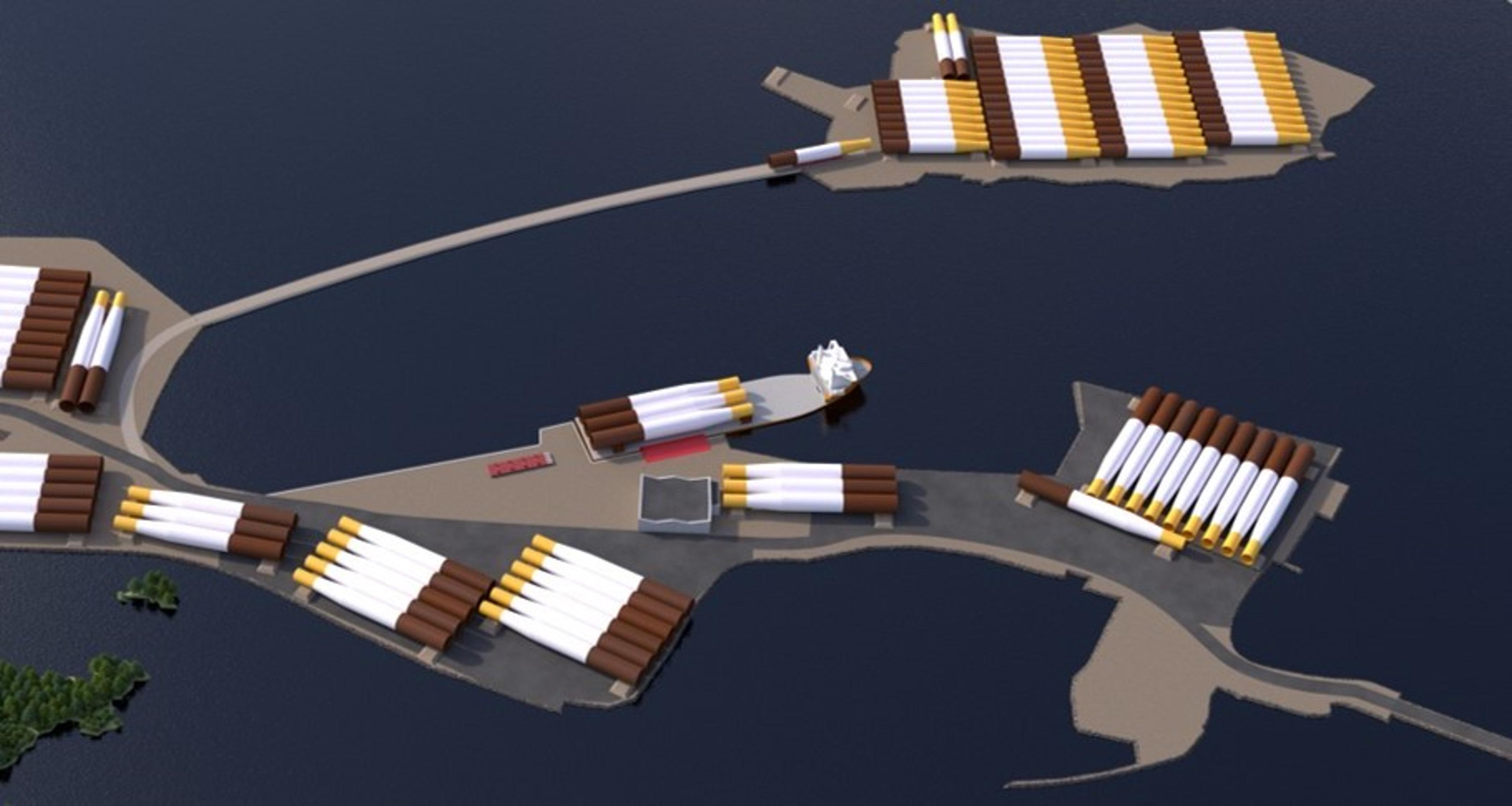 Illustrasjonen er laget av og i samarbeid med Mamout og viser hvor mange monopiles vi kan mellomlagre vest på basen. På kort sikt kan også areal fra Havland benyttes. Illustrasjon.