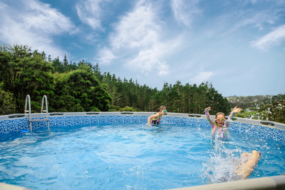 a large indoor swimming pool with a wooden wall behind it