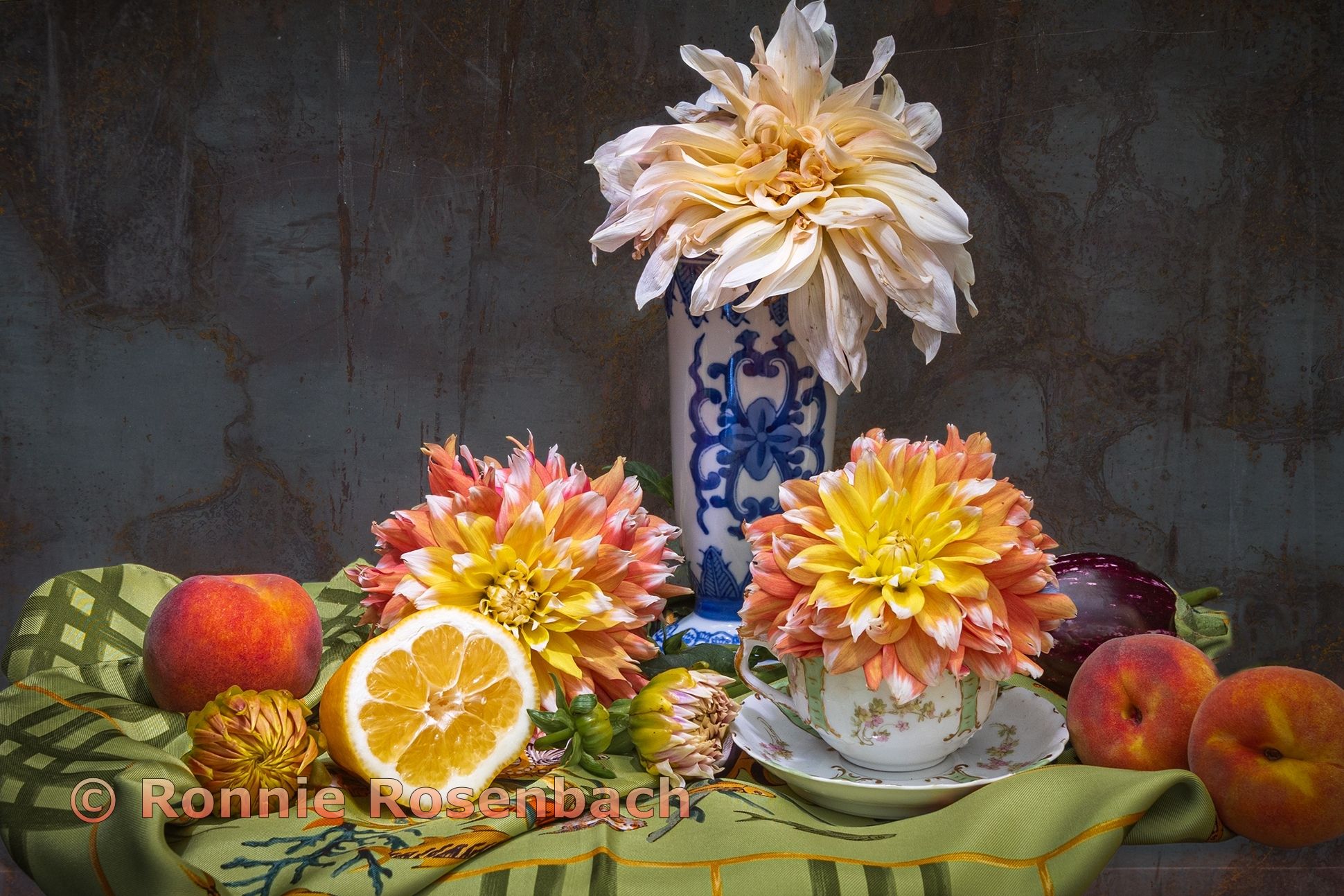 Still Life with Dahlias and Peaches