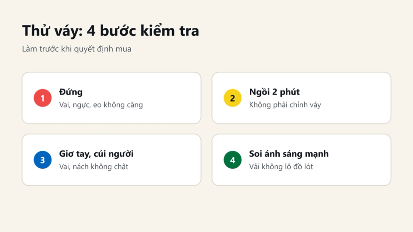 4 bước thử váy trước khi mua: đứng, ngồi 2 phút, giơ tay cúi người, soi dưới ánh sáng mạnh