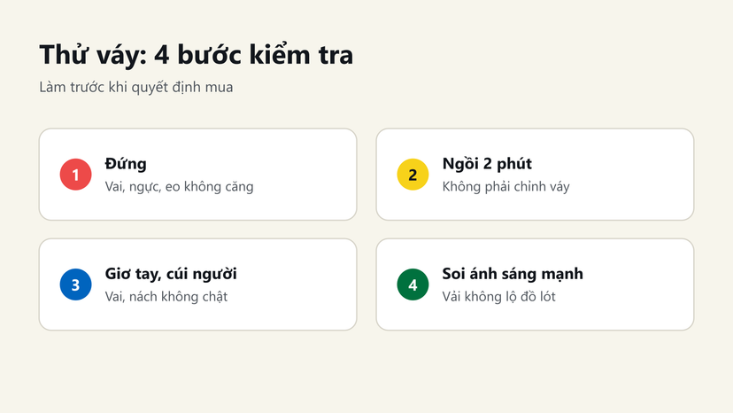 4 bước thử váy trước khi mua: đứng, ngồi 2 phút, giơ tay cúi người, soi dưới ánh sáng mạnh