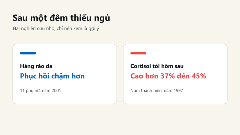 Đồ hoạ sau một đêm thiếu ngủ: hàng rào da phục hồi chậm hơn, cortisol tối hôm sau cao hơn 37% đến 45%