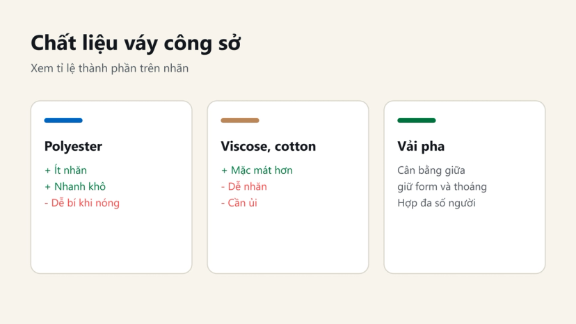 So sánh chất liệu váy công sở: polyester ít nhăn, viscose và cotton mát hơn, vải pha cân bằng