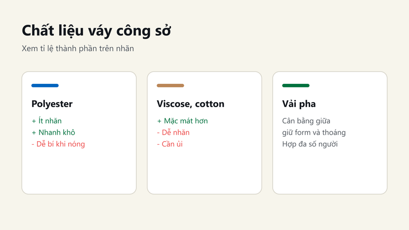 So sánh chất liệu váy công sở: polyester ít nhăn, viscose và cotton mát hơn, vải pha cân bằng