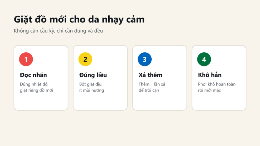 Đồ hoạ 4 bước giặt đồ mới cho da nhạy cảm: đọc nhãn, đúng liều, xả thêm, phơi khô hẳn
