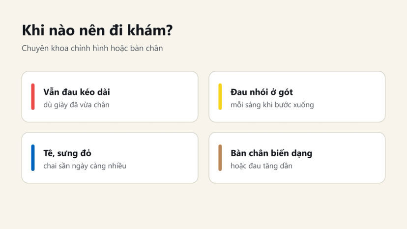 Dấu hiệu nên đi khám bàn chân: đau kéo dài, đau nhói ở gót buổi sáng, tê sưng đỏ, bàn chân biến dạng