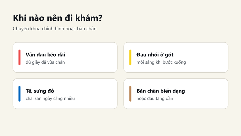 Dấu hiệu nên đi khám bàn chân: đau kéo dài, đau nhói ở gót buổi sáng, tê sưng đỏ, bàn chân biến dạng