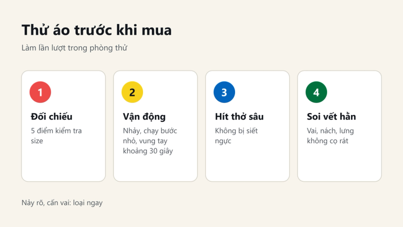 Đồ hoạ 4 bước thử áo ngực thể thao trong phòng thử trước khi mua