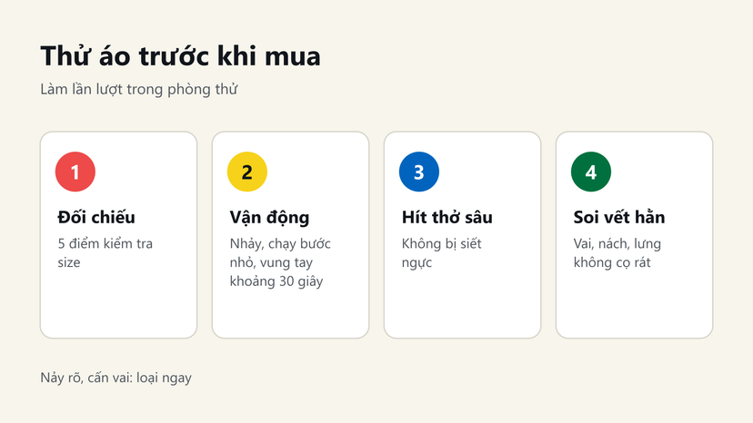 Đồ hoạ 4 bước thử áo ngực thể thao trong phòng thử trước khi mua