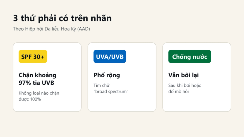 Đồ hoạ 3 thứ phải có trên nhãn kem chống nắng: SPF 30+, phổ rộng UVA/UVB, chống nước
