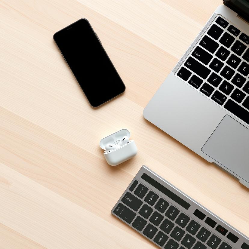 Điện thoại, hộp tai nghe không dây, laptop và bàn phím đặt trên bàn gỗ