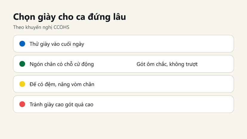 Đồ hoạ: tiêu chí chọn giày cho ca đứng lâu theo khuyến nghị CCOHS
