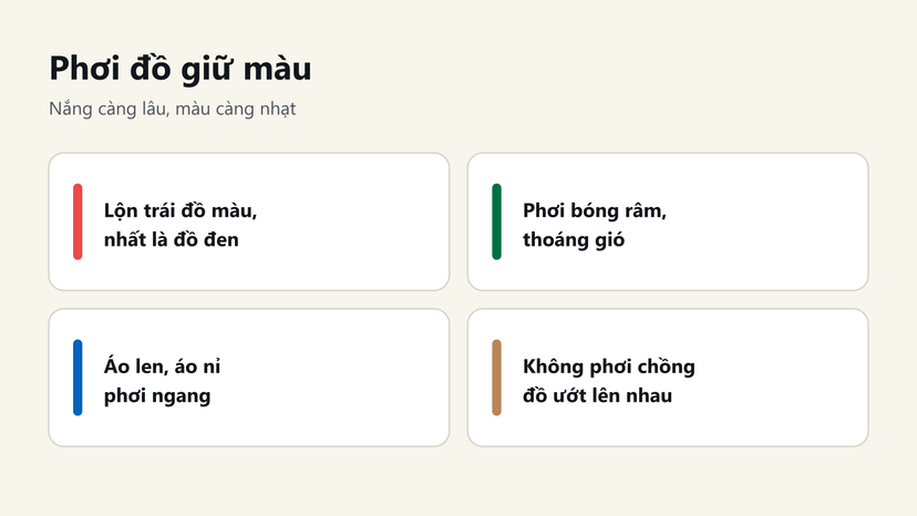 Đồ hoạ 4 mẹo phơi đồ giữ màu: lộn trái, phơi bóng râm, phơi ngang áo len, không phơi chồng