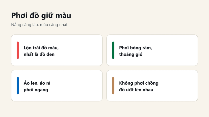 Đồ hoạ 4 mẹo phơi đồ giữ màu: lộn trái, phơi bóng râm, phơi ngang áo len, không phơi chồng