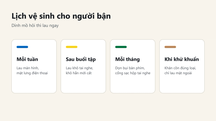 Lịch vệ sinh điện thoại, tai nghe, bàn phím theo tuần, tháng và sau buổi tập