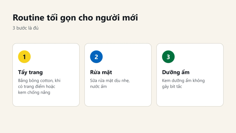 Đồ hoạ routine tối 3 bước: tẩy trang, rửa mặt dịu nhẹ, dưỡng ẩm không gây bít tắc